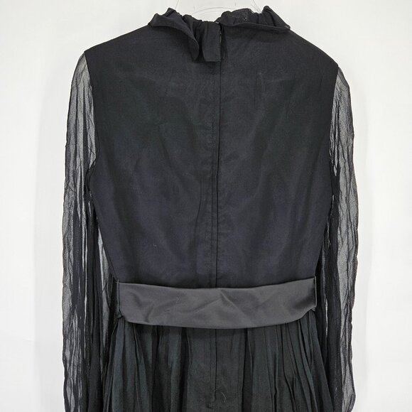 Vintage 1960s Cocktail Party Dress 9 Black Chiffon Ruffle V Neck Rhinestone Belt - Picture 7 of 13